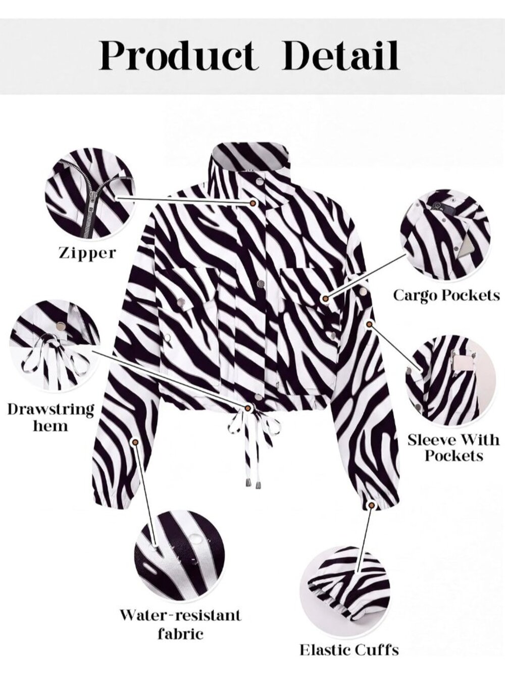 Women's black White Zebra Lightweight Cropped Anorak Coat Zip Up Bomber Jacket - Picture 6 of 6
